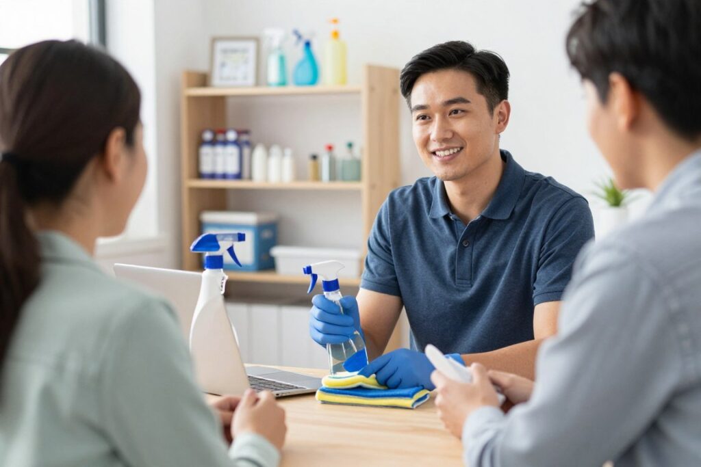 Customer asking questions about cleaning service options Customer asking questions about cleaning service options