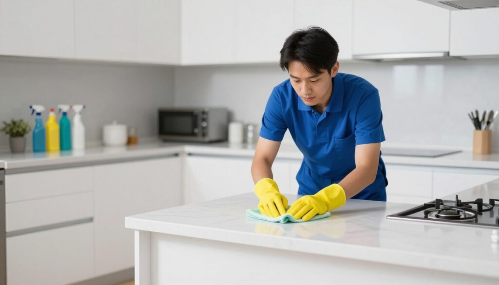 Professional cleaner working in residential kitchen in Utica New York Professional cleaner working in residential kitchen in Utica New York