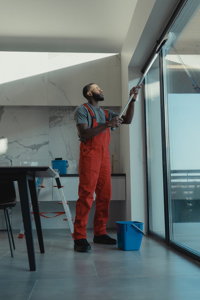 About A man in coveralls cleans a large window in a stylish, modern home interior.